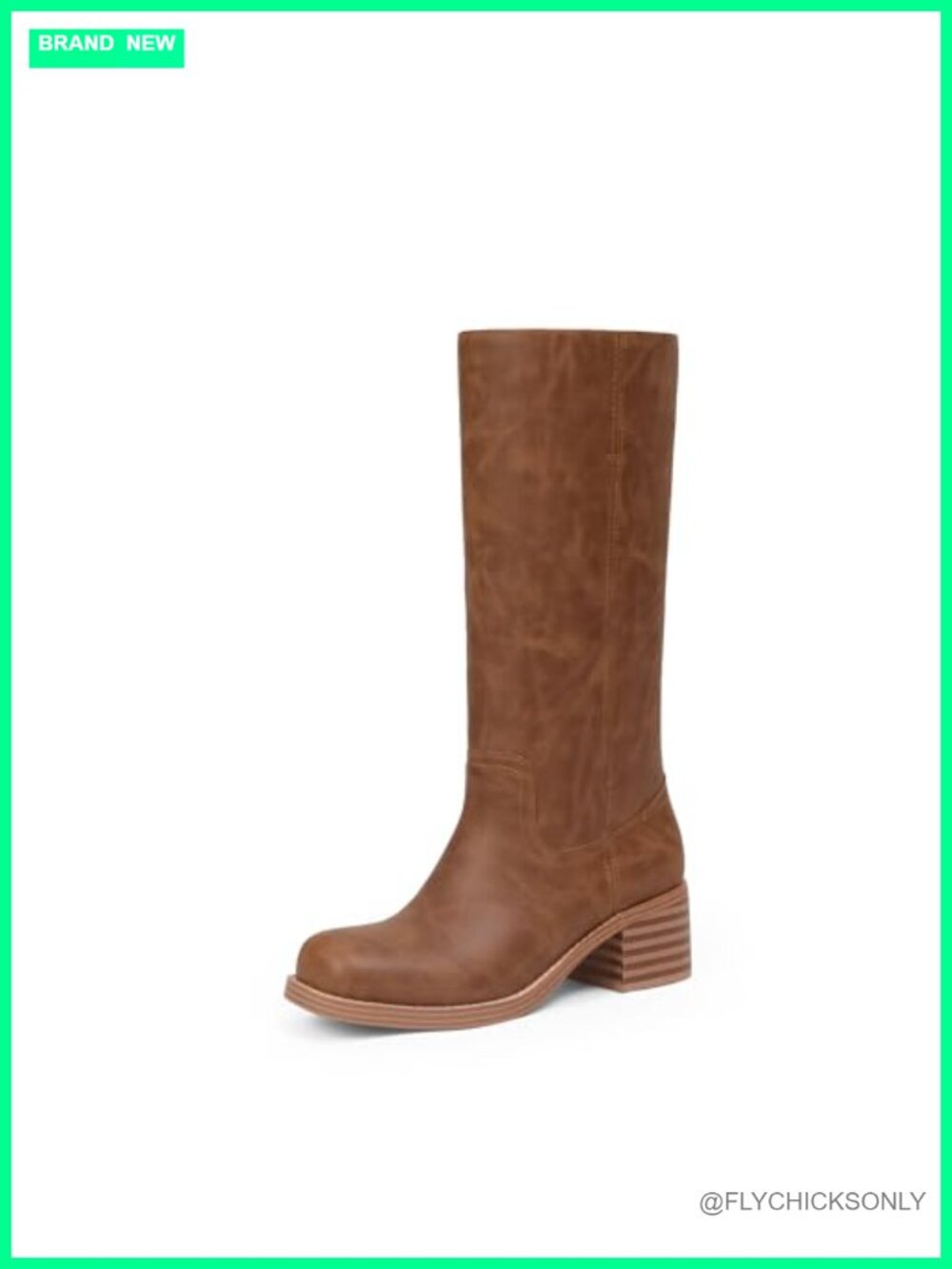 Faux Leather Mid Calf Boots Square Toe Block Heel Casual